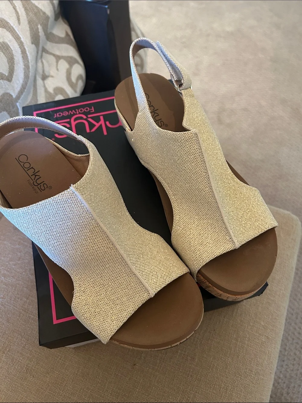 Corkys Gold Canvas Cork Wedge Slingback Sandals - Picture 2 of 3